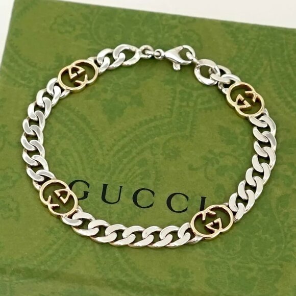 GUCCI Interlocking G Chain Bracelet 7" Silver 925 & 18K Yellow Gold Auth w/Box - Picture 4 of 15
